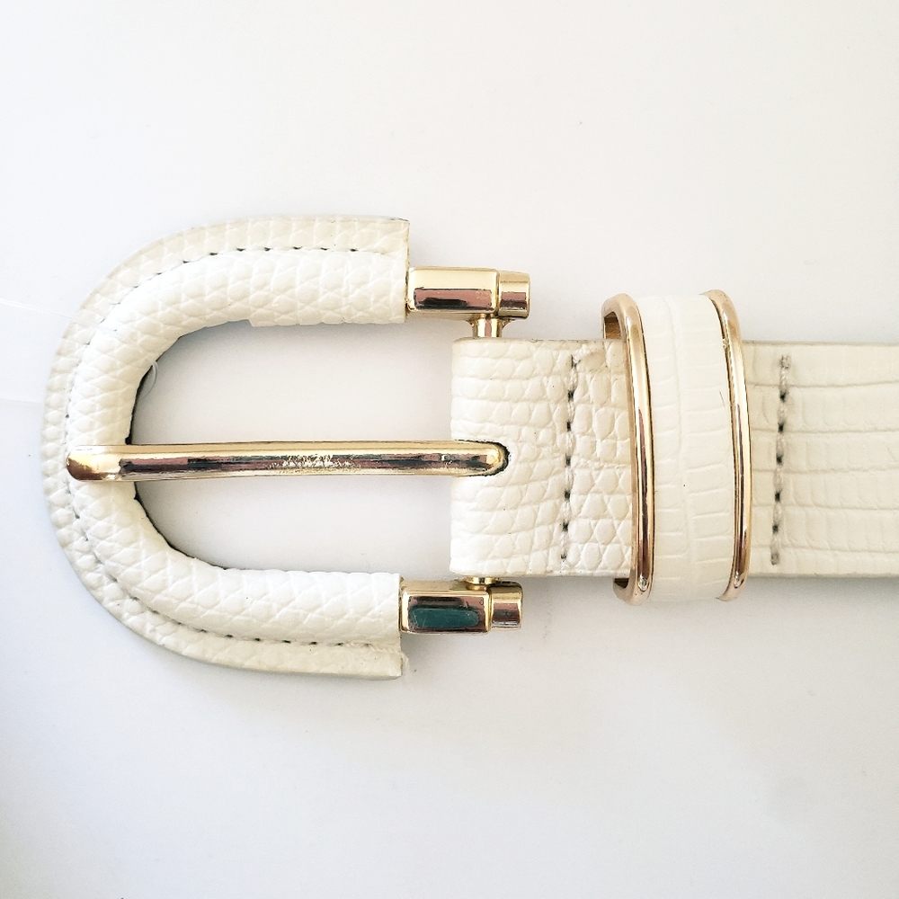 Steve Madden White Textured Leather Belt with Gold Hardware